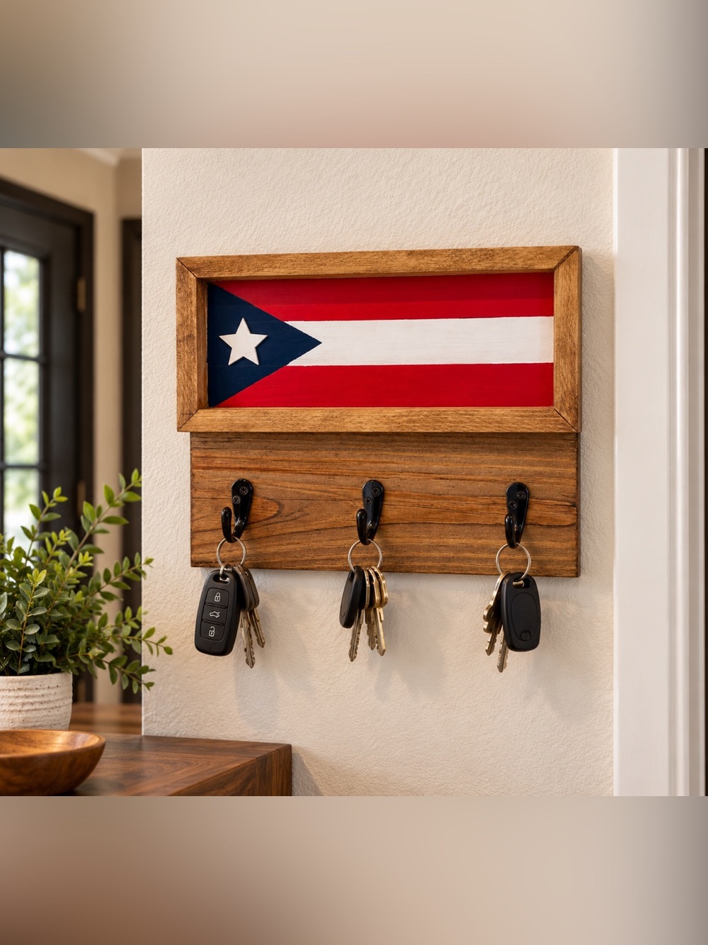 Handmade Puerto Rican Flag Key Holder – Rustic Wood Wall Decor – 3 Hooks